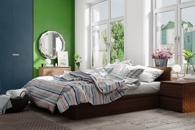 Small master bedroom or old aged homeowners color combinations with green blue and white