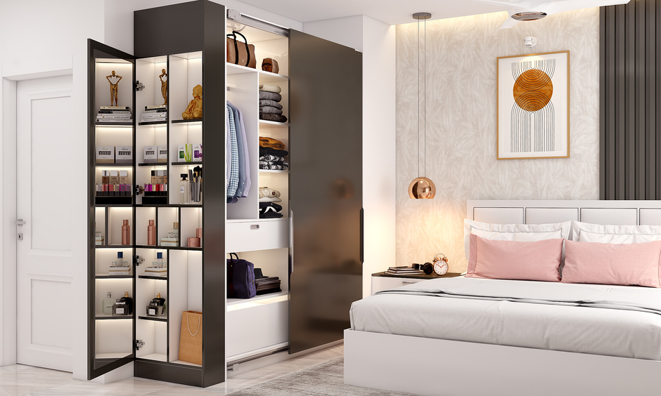 Small studio apartment design with a bed and sliding wardrobe, maximising the space
