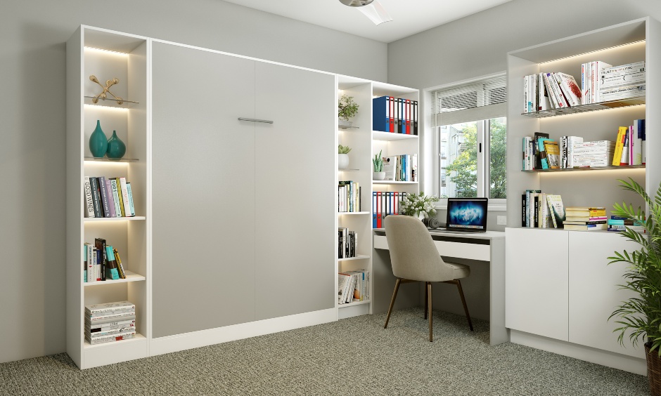 Space saving bedroom with side wall features a work-from-home study unit