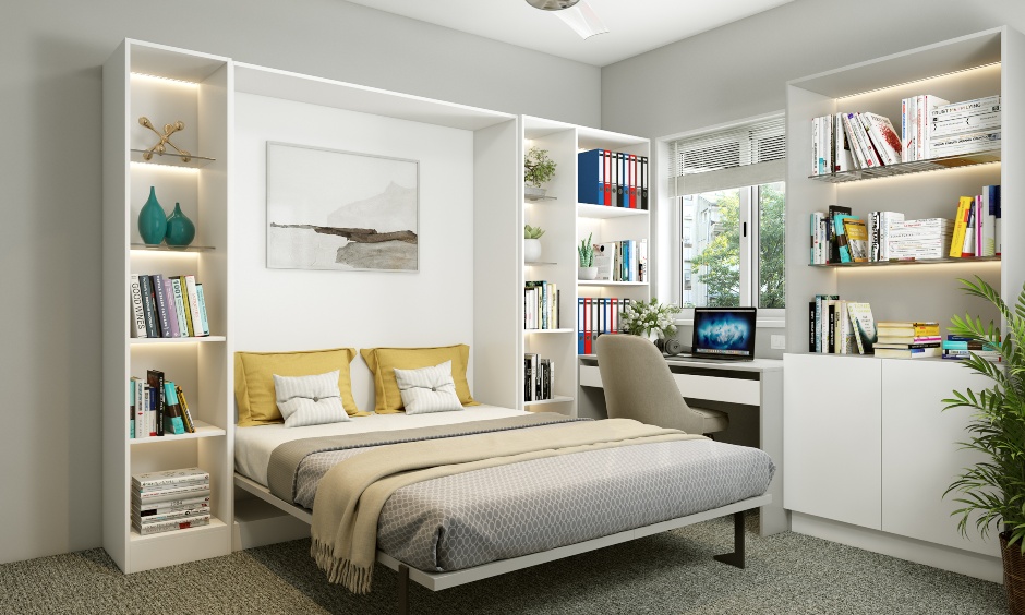 Space saving bedroom design with murphy bed, study unit and bookshelf