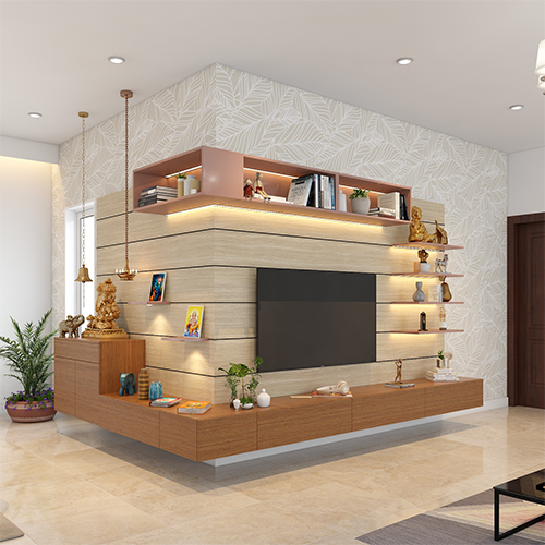 Space saving home interiors Hyderabad with a TV unit with a mandir