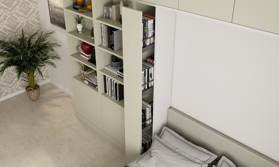 Innovative space saving furniture with a pull out bookshelf for small indian bedroom in Bangalore
