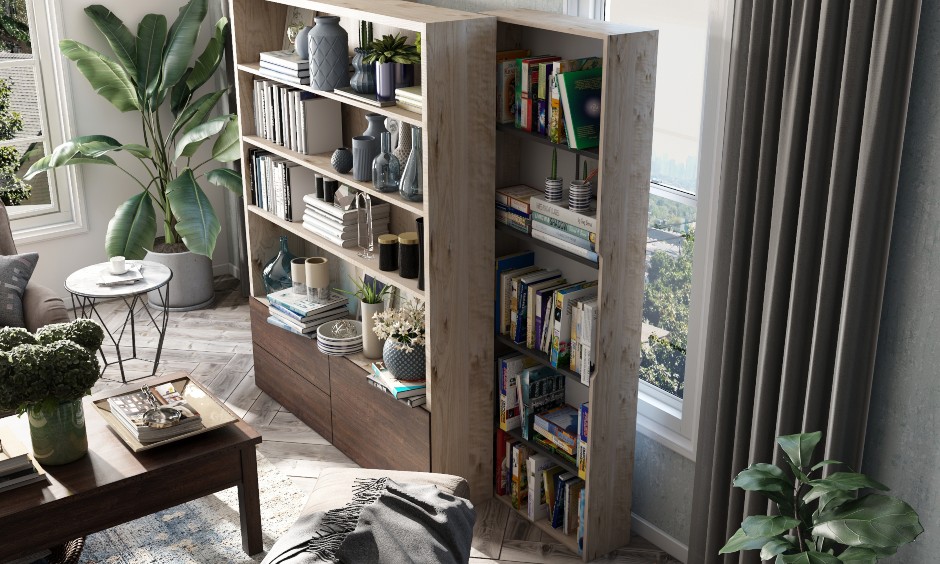 Space saving sliding bookshelf with open shelves and drawers, its a best space saving option for small homes