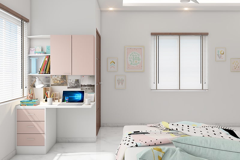 Space saving furniture for teenage girl bedroom ideas with a floating study table built in a small corner provides storage