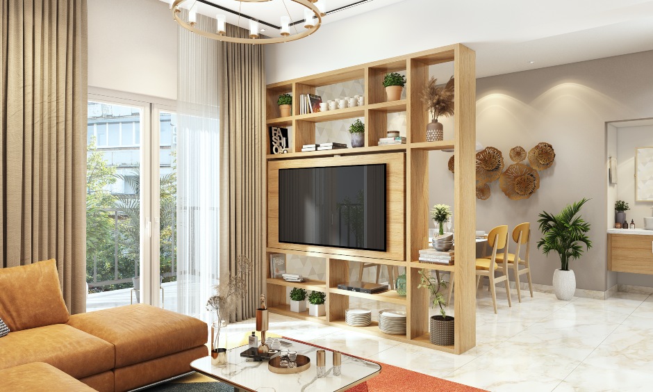 Space saving wooden swivel tv unit in living cum dining room provide storage space