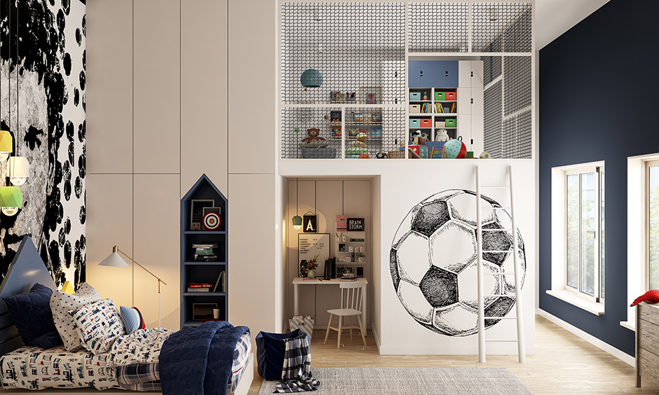 A sports-themed Kids bedroom style makes the bedroom look like a football field. 