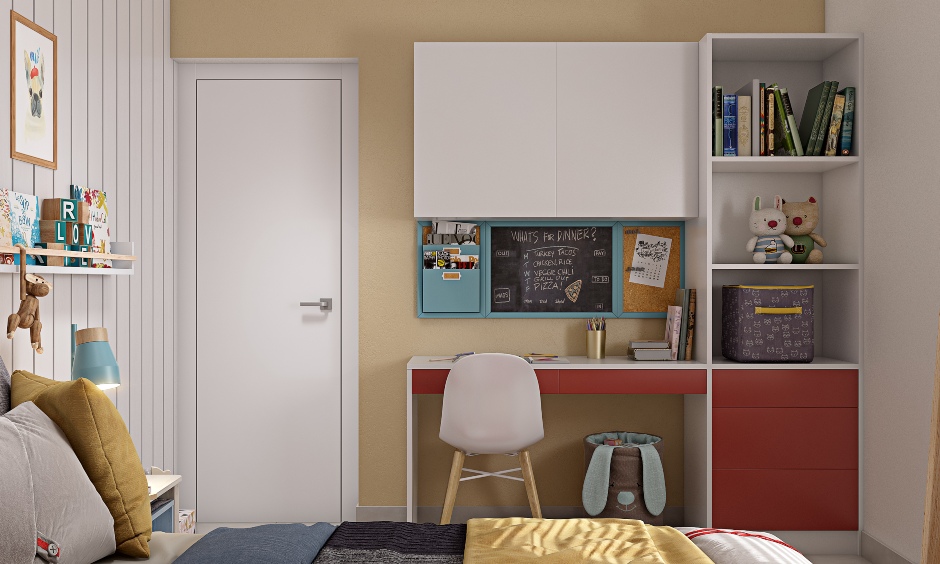 Study unit with open shelves drawers and overhead cabinets for kids bedroom in 2bhk modern homes