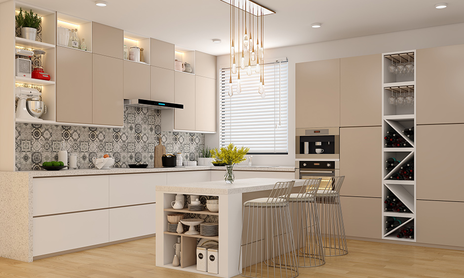Kitchen units with an open wine rack with a built-in microwave and oven has ample storage for all your cookware