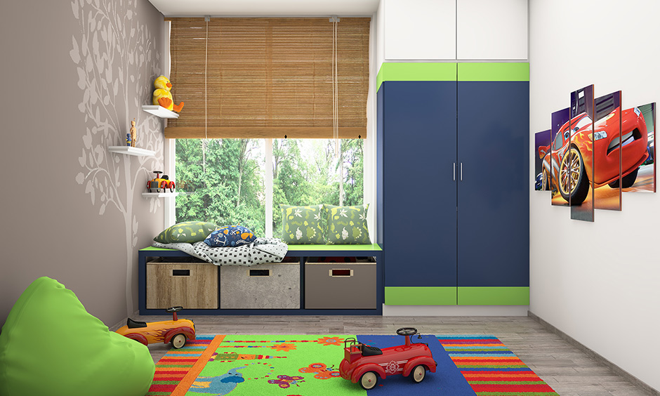 Tips to kids room toy storage, Pull-out cabinets under window sills or coloured tubs are super-efficient storage options.