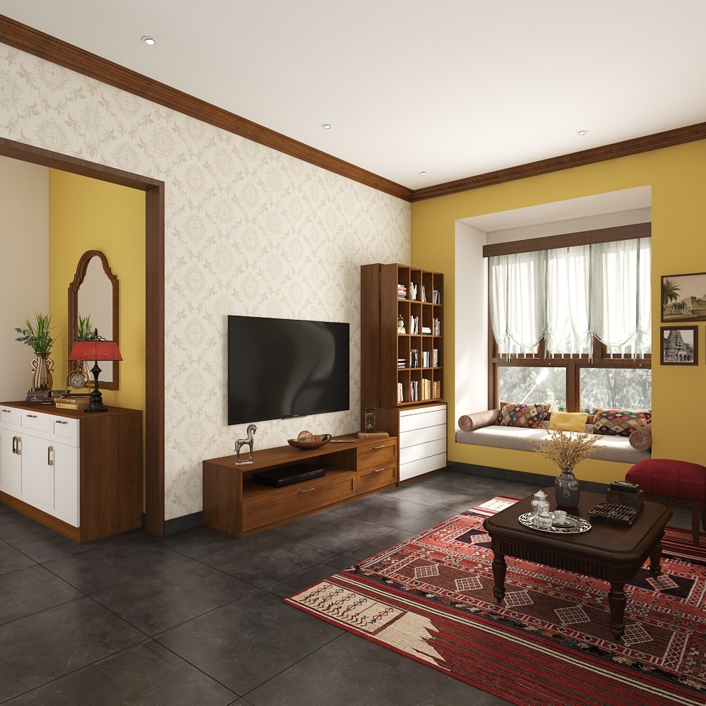 Top interior design company in Chennai designed a living room with TV unit and book cabinet