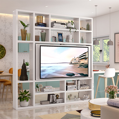 Top interior designers in Mumbai designed a living room with a swiveling TV unit
