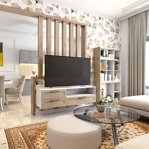 Top interior designers in Vizag designed a living room with corner bookshelf
