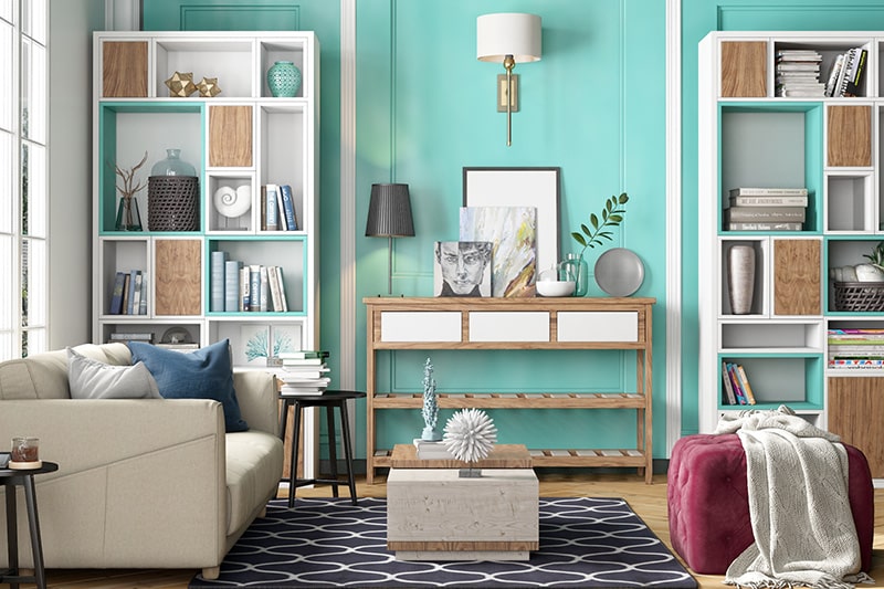 Turquoise and white colour combination for living room walls