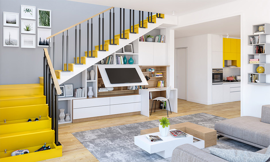 A TV unit features an integrated workstation beneath the staircase