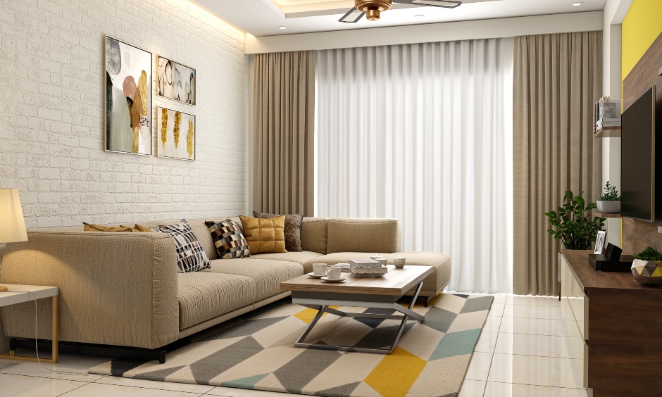 Elegant living room design with TV unit, handleless drawer storage and white laminate living room interior design