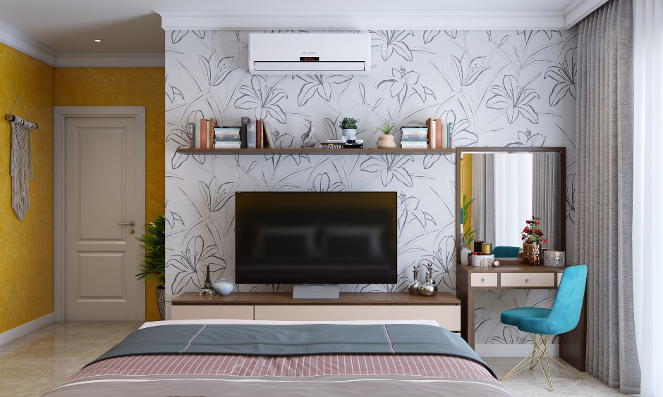 Tv unit with floating shelf and compact dressing unit in 3bhk bedroom design look minimal