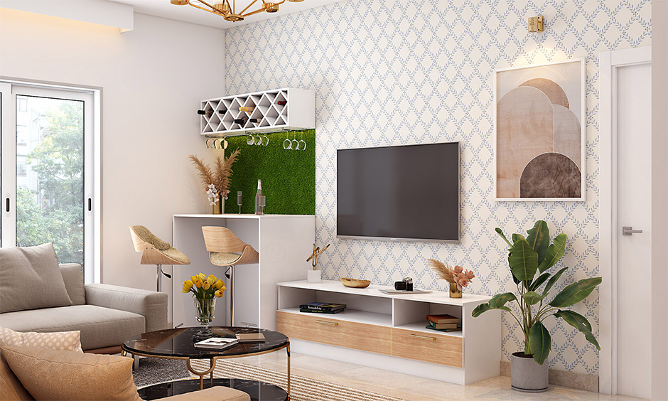 TV units with a home bar feature shelves, drawers and cabinets for storing bar essentials