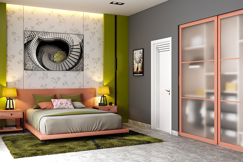 Two colour combination for bedroom with peach and olive green to make a fun bedroom