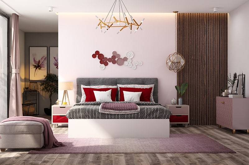 Two colour shades combination for bedroom with red and shades of pink