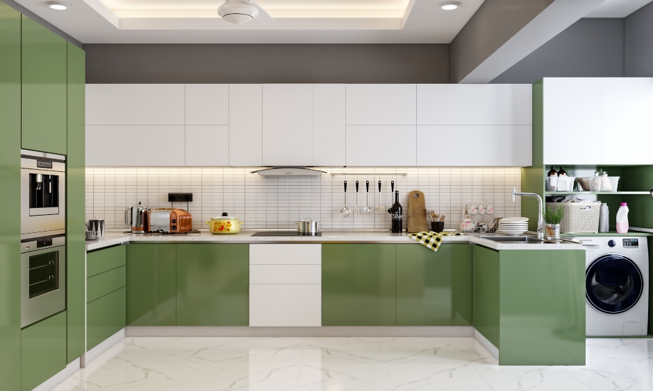 U shaped kitchen for cozy 3bhk house design