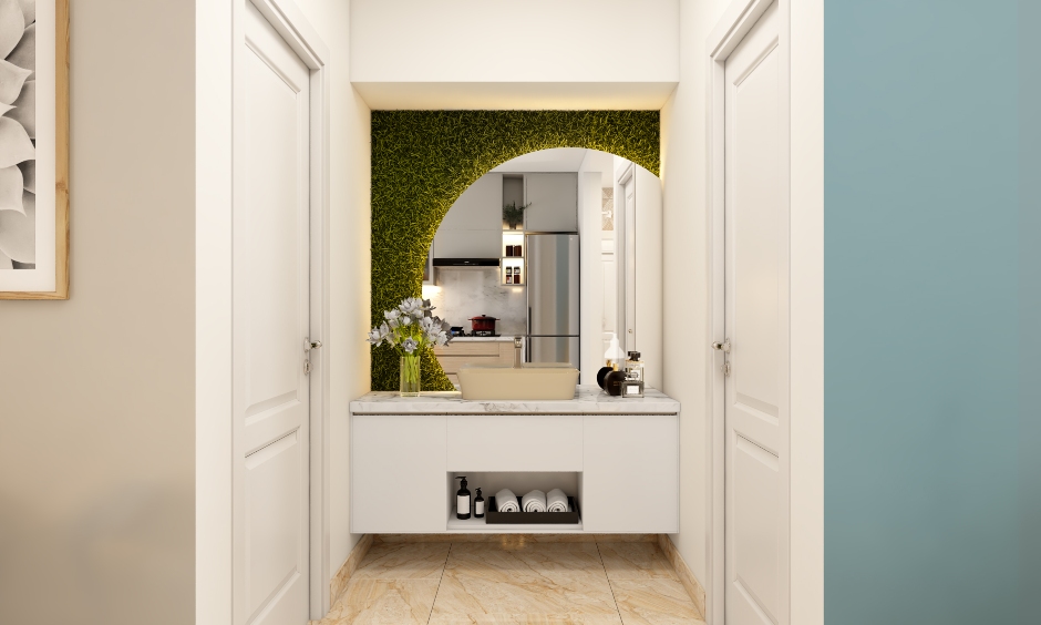 The vanity area in 1 bhk home with turf grass and a large mirror adds a lush vibe to the entire space