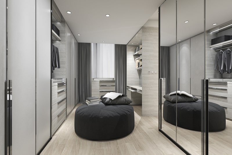 Walk-in modular wardrobes build floor to ceiling shelves, some attractive lighting place for clothes