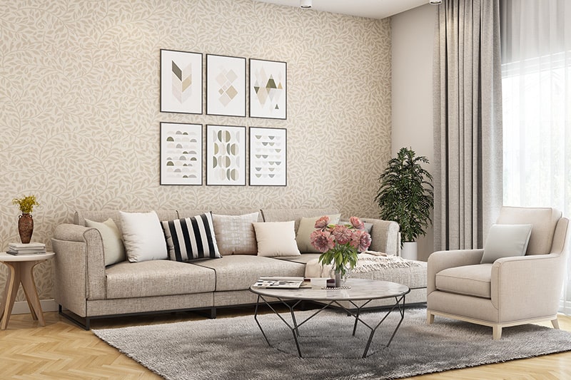 Wall colour combination for small living room with beige and white