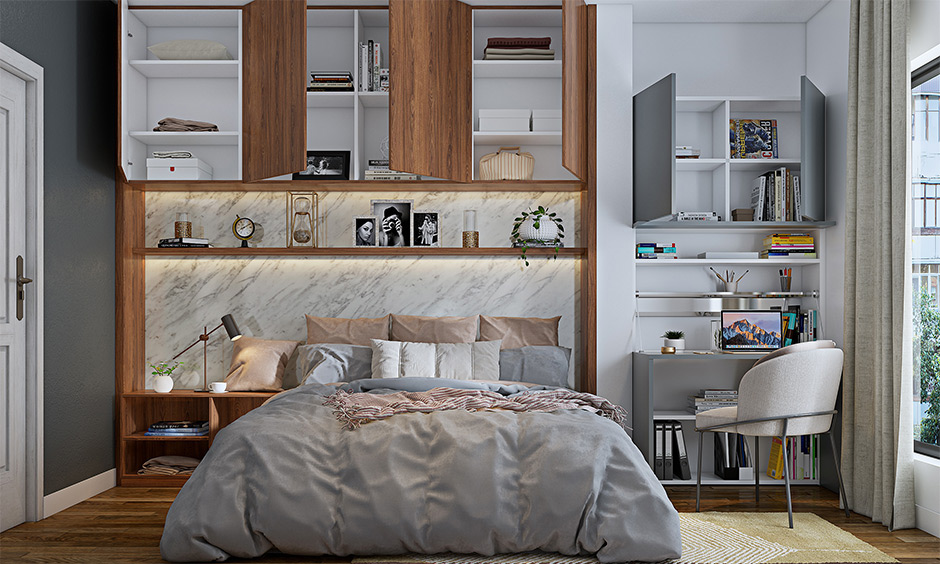 Wall-mounted bedroom cabinets optimise every inch of available space and create a clean and cohesive aesthetic