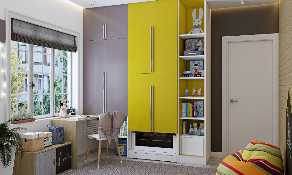 Wardrobe design in grey and yellow for kids room