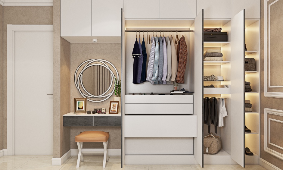Wardrobe finish in slate with an attached open shelf offer to store shoes and accessories