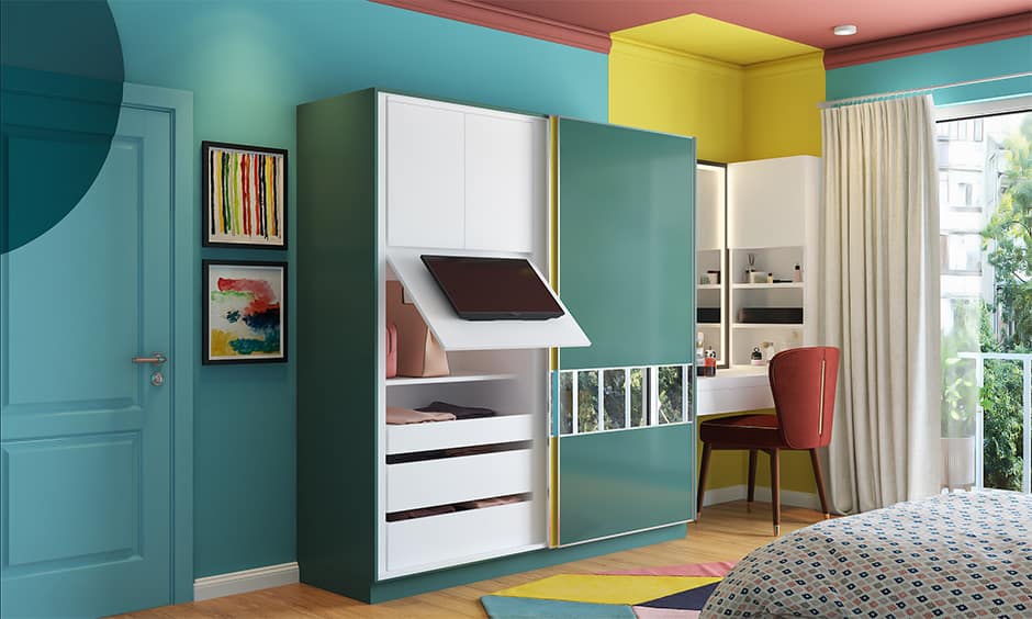 Wardrobe with a flip up tv unit and hidden storage for small families