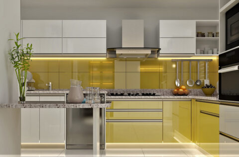A stunning yellow lacquered glass modular kitchen