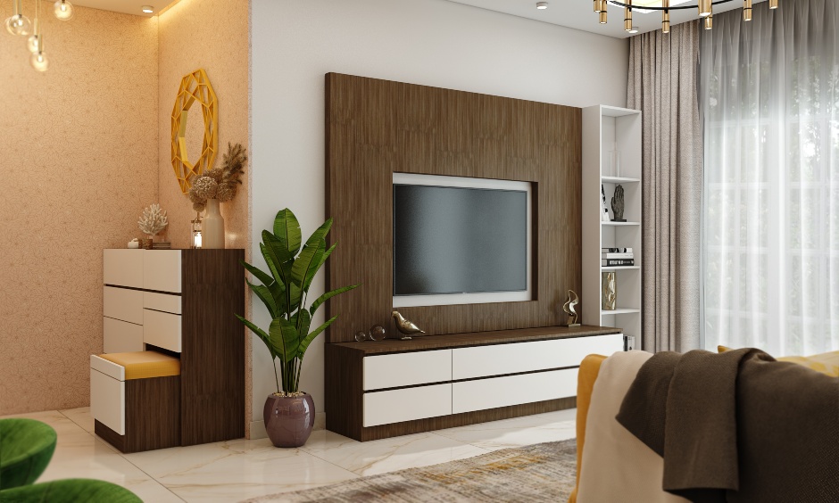 White and dark wood laminate tv unit for 1bhk house design