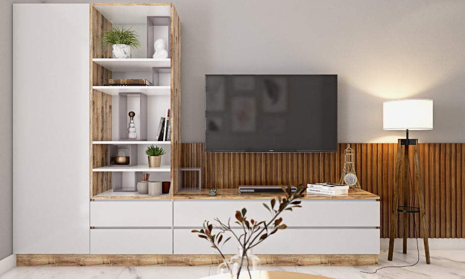 White and light wood tv unit designed by best 1bhk house designers in bangalore, mumbai and hyderabad