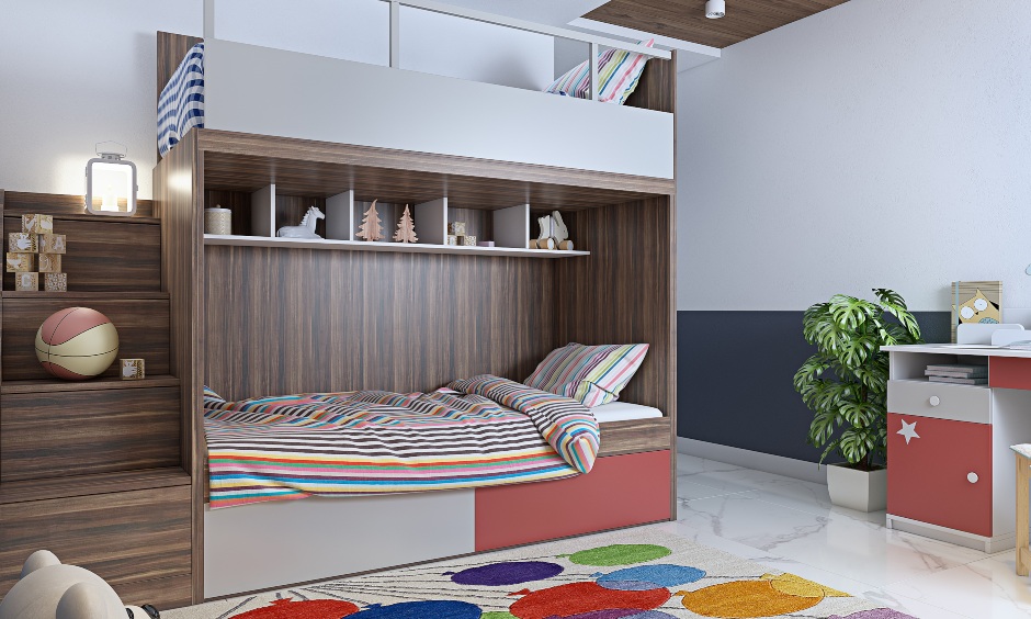3 bhk house, wooden bunk bed design with stairs lends modern look