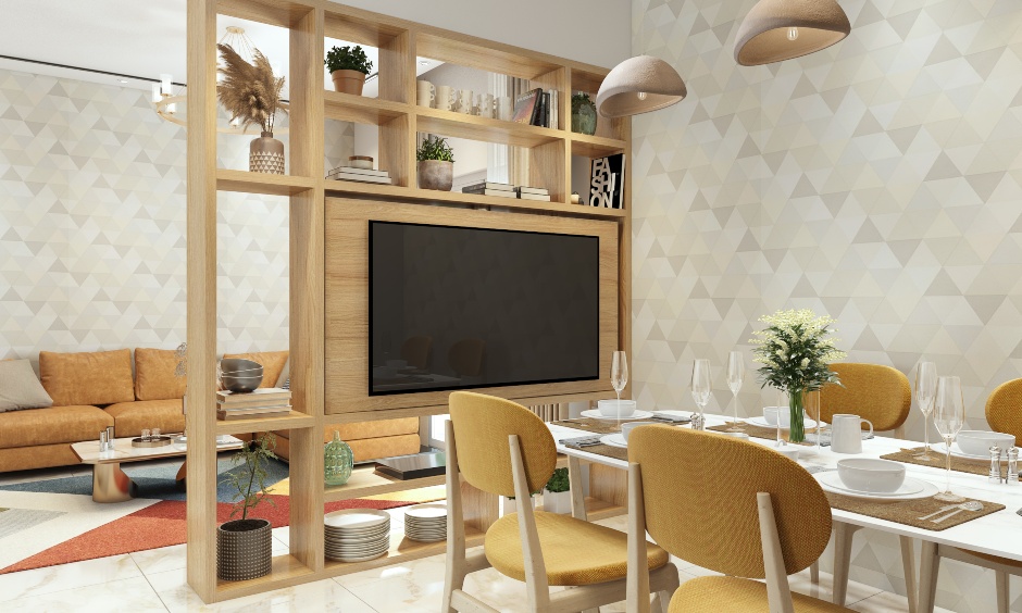 space-saving tv unit with wooden swivel helps you enjoy watching your favorite shows from your living and dining area