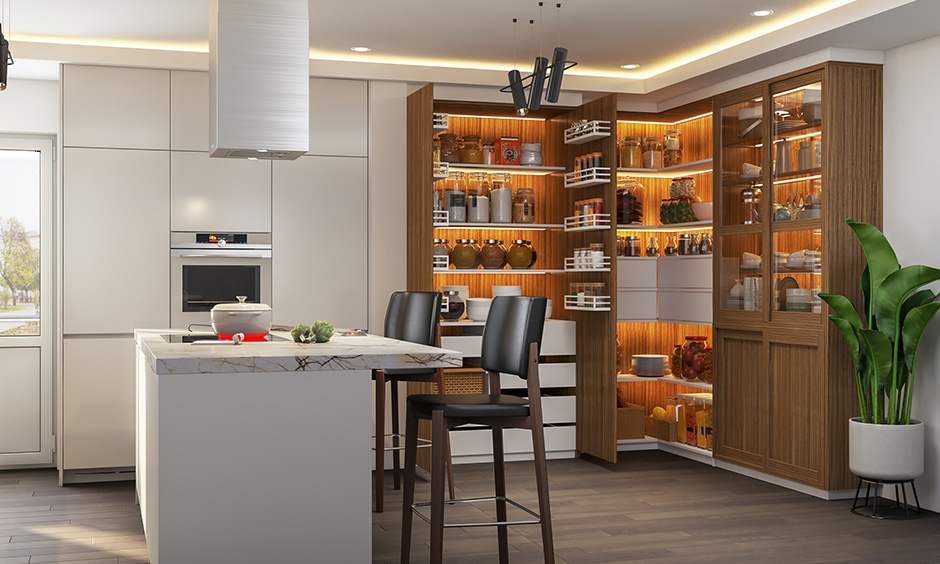 Kitchen unit with Island white kitchen with wooden interiors customized on style preferences