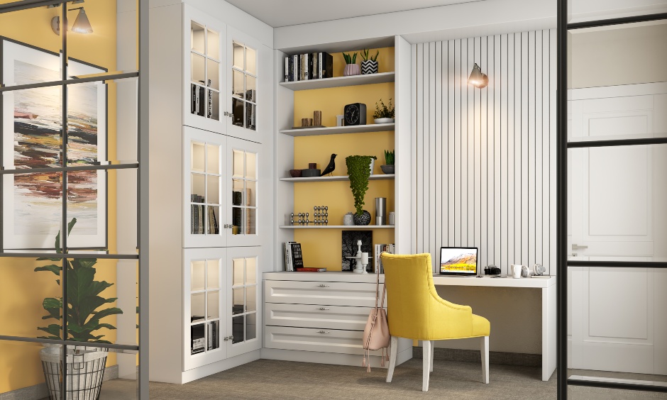 Yellow and white themed home office design