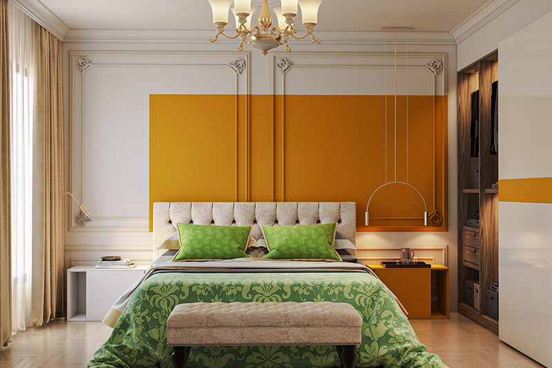 Young couple bedroom colour combination with bright yellows and greens blend
