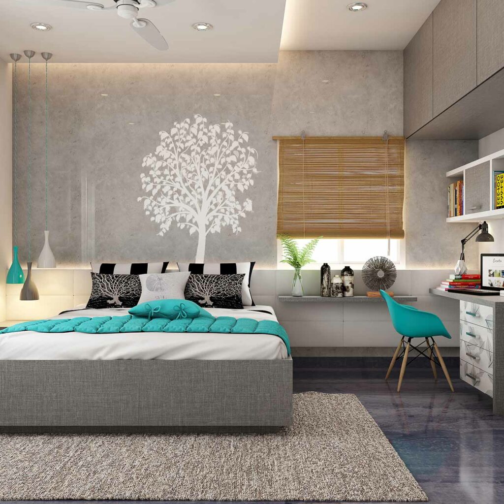 Use false ceiling design for bedroom to zone the sleeping area from the working area